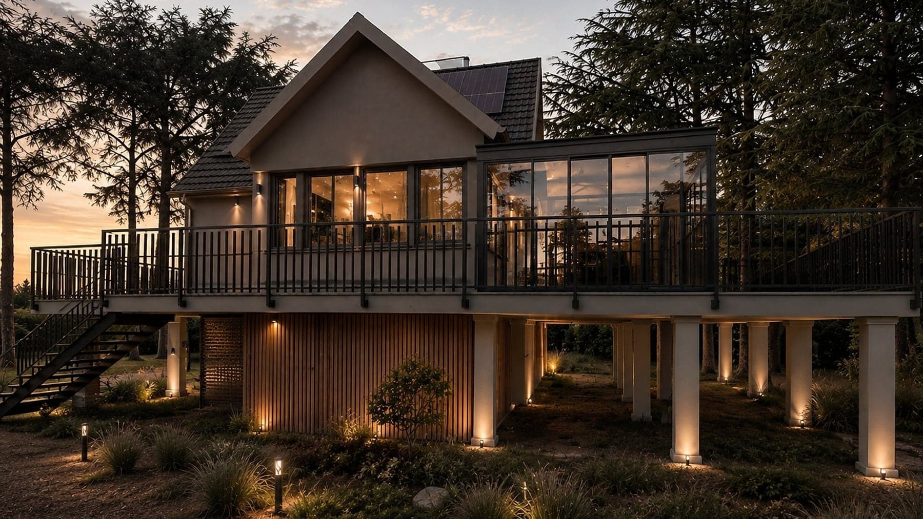 Rendering della villa con il terrazzo prolungato e la nuova veranda vetrata