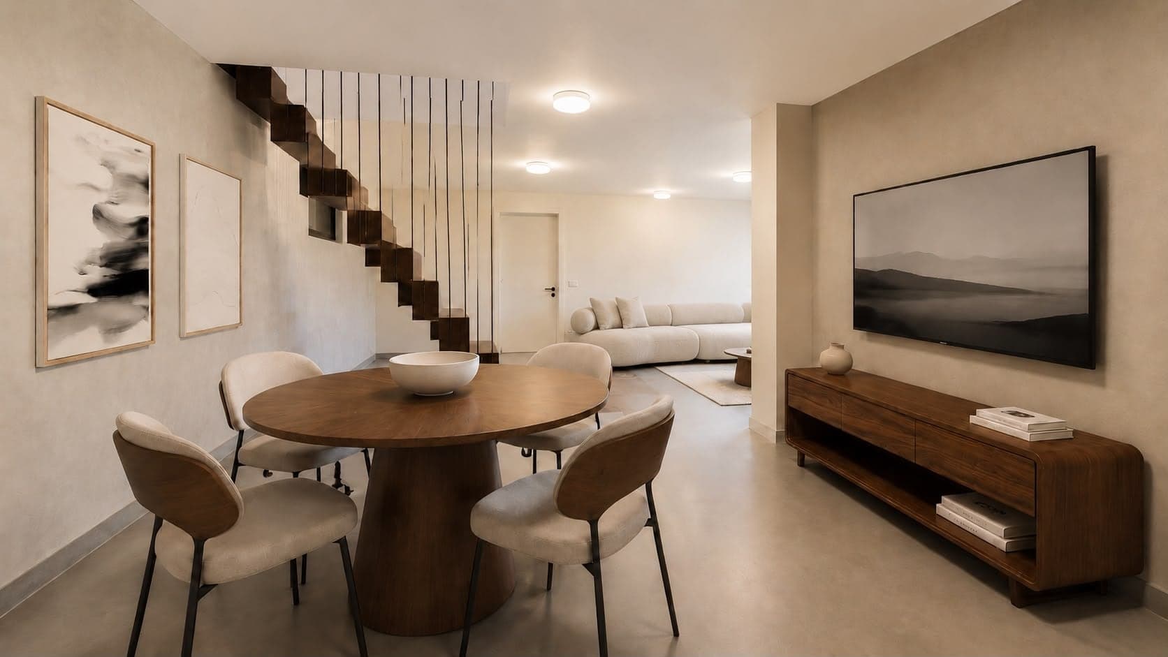 Rendering di arredo virtuale: l'area TV con tavolo tondo e mobile TV