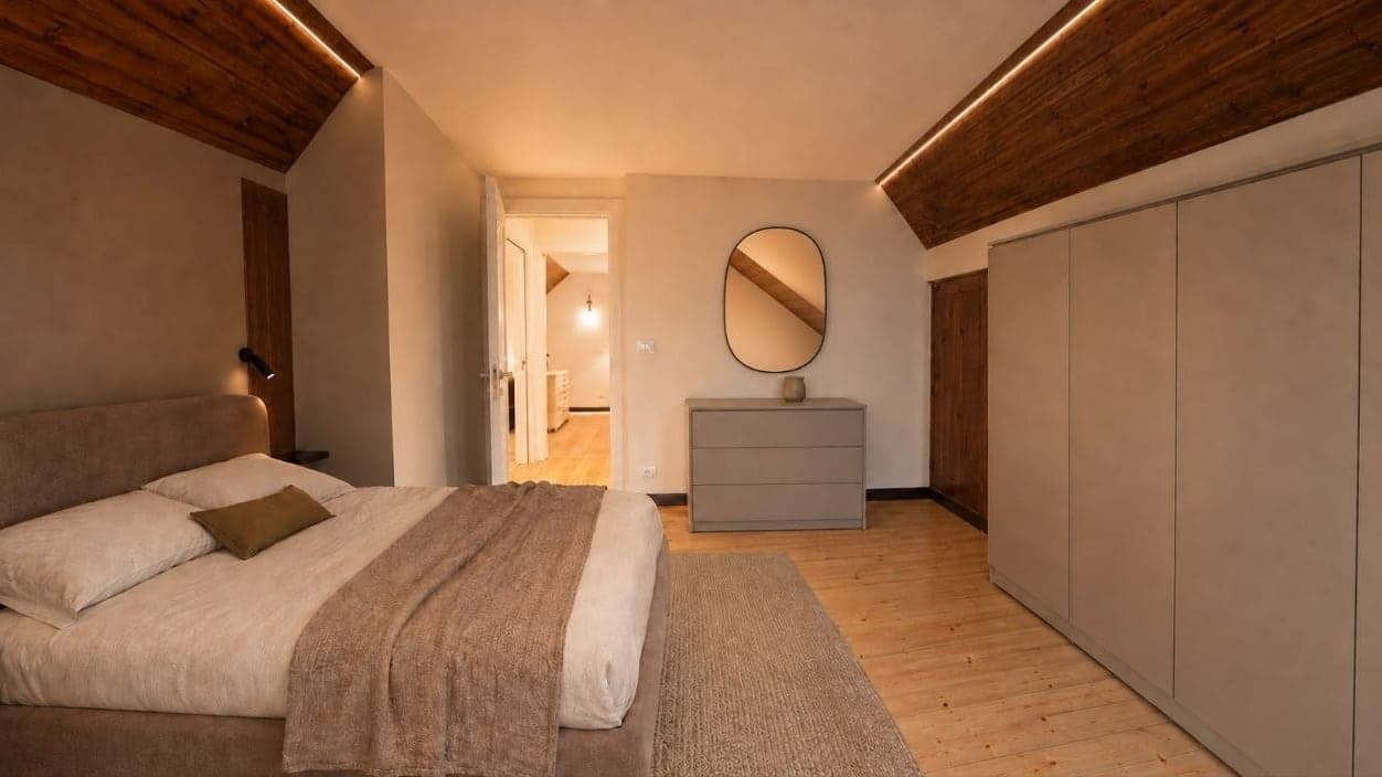 Rendering di arredo virtuale: la camera matrimoniale con armadiatura a filo muro