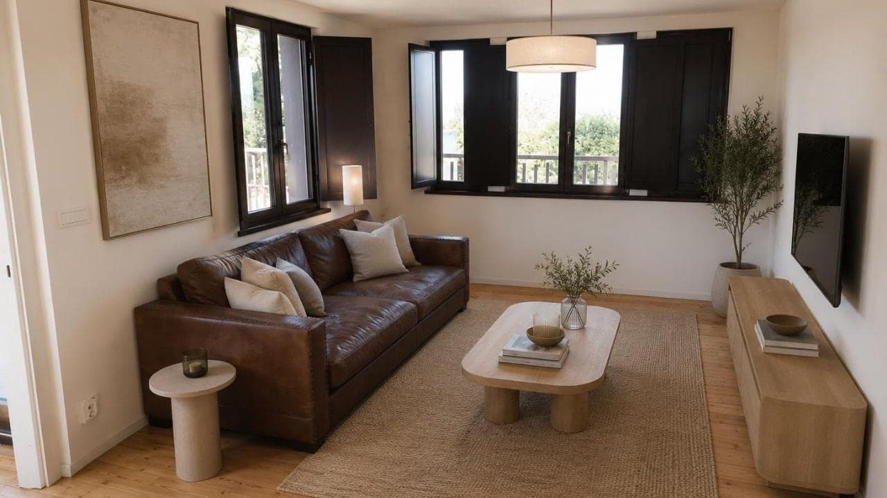 Rendering di arredo virtuale: il soggiorno con divano in pelle e tappeto in fibra naturale