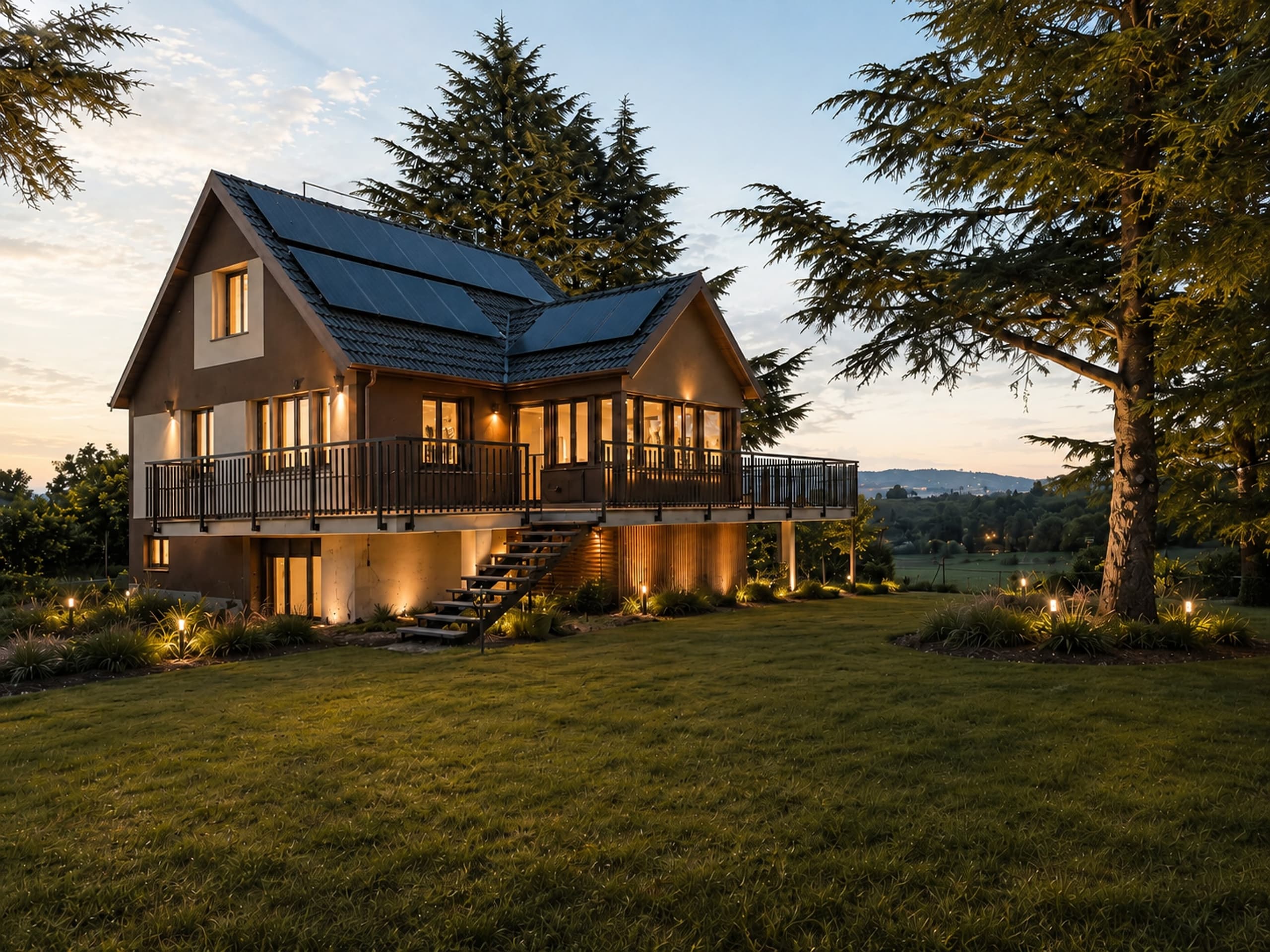 La villa nel Monferrato al tramonto, con il terrazzo illuminato e il parco